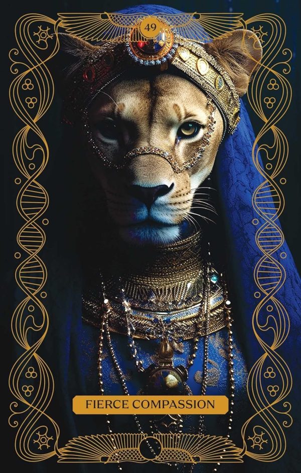 A Painting of The Goddess Sekhmet adorned in jewels stares toward the camera