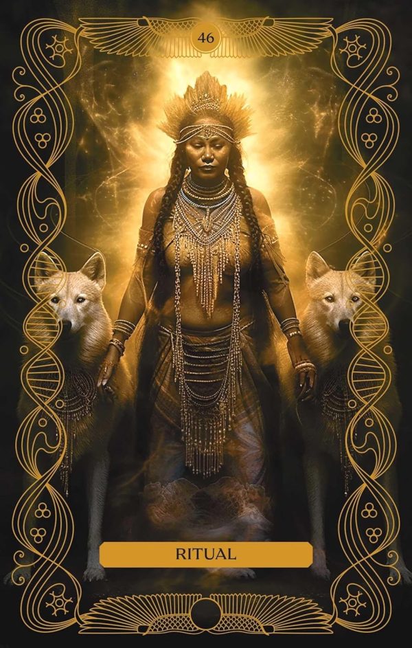 A woman stands flanked by two white wolves. She is illuminated in a halo of light