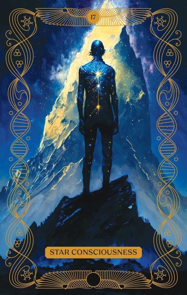 A human figure stands on a peak of a mountain surrounded by starlight
